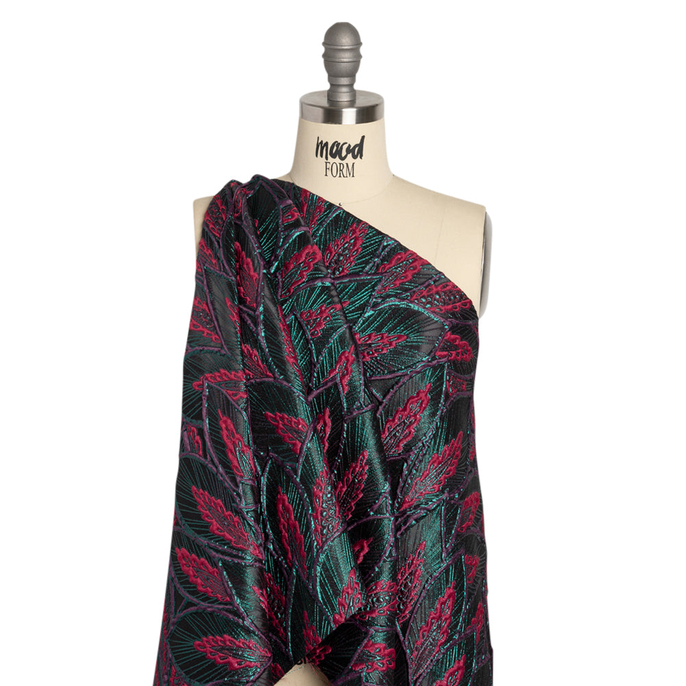 Metallic Teal, Raspberry and Black Decorated Feathers Luxury Brocade - Joann Fabrics