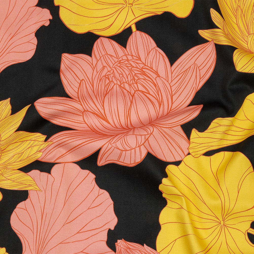 Stretch Cotton Sateen - Black, Pink and Yellow Floral - Valley of Lilies Print - Mood Exclusive Groove Collection - Joann Fabrics