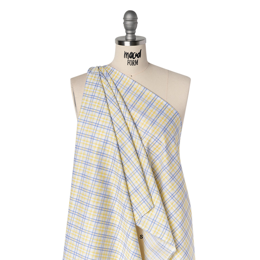 Cotton Twill Shirting - Sky Blue, Sunshine Yellow and White Plaid - Deadstock - Joann Fabrics