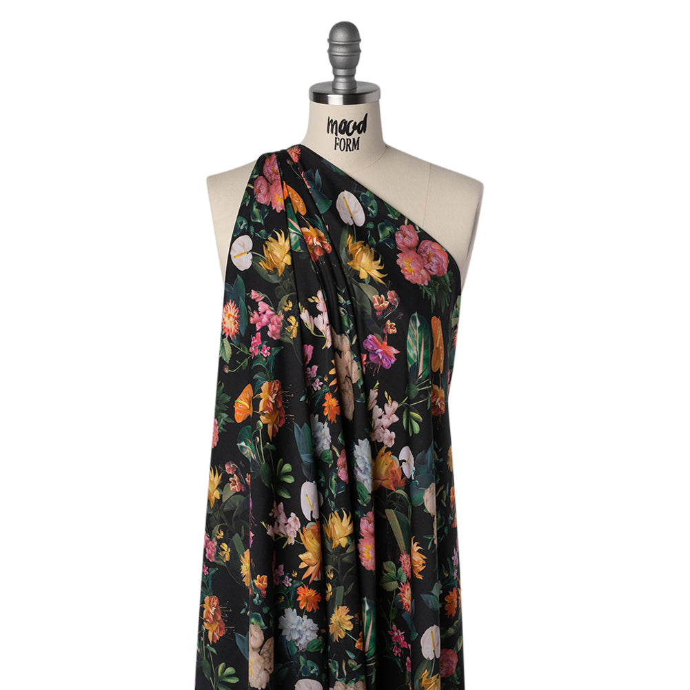 Rayon Challis - Black, Green and Orange Rainforest Flowers - Mood Exclusive Rainforest Reverie Print - Joann Fabrics