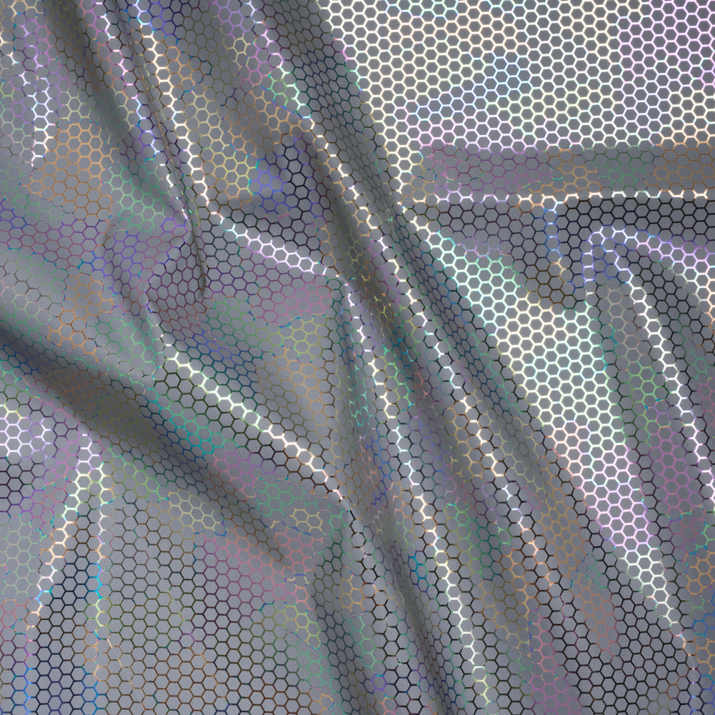Reflective Fabric - Silver Gray with Metallic Rainbow Oil Slick Honeycombs - Joann Fabrics