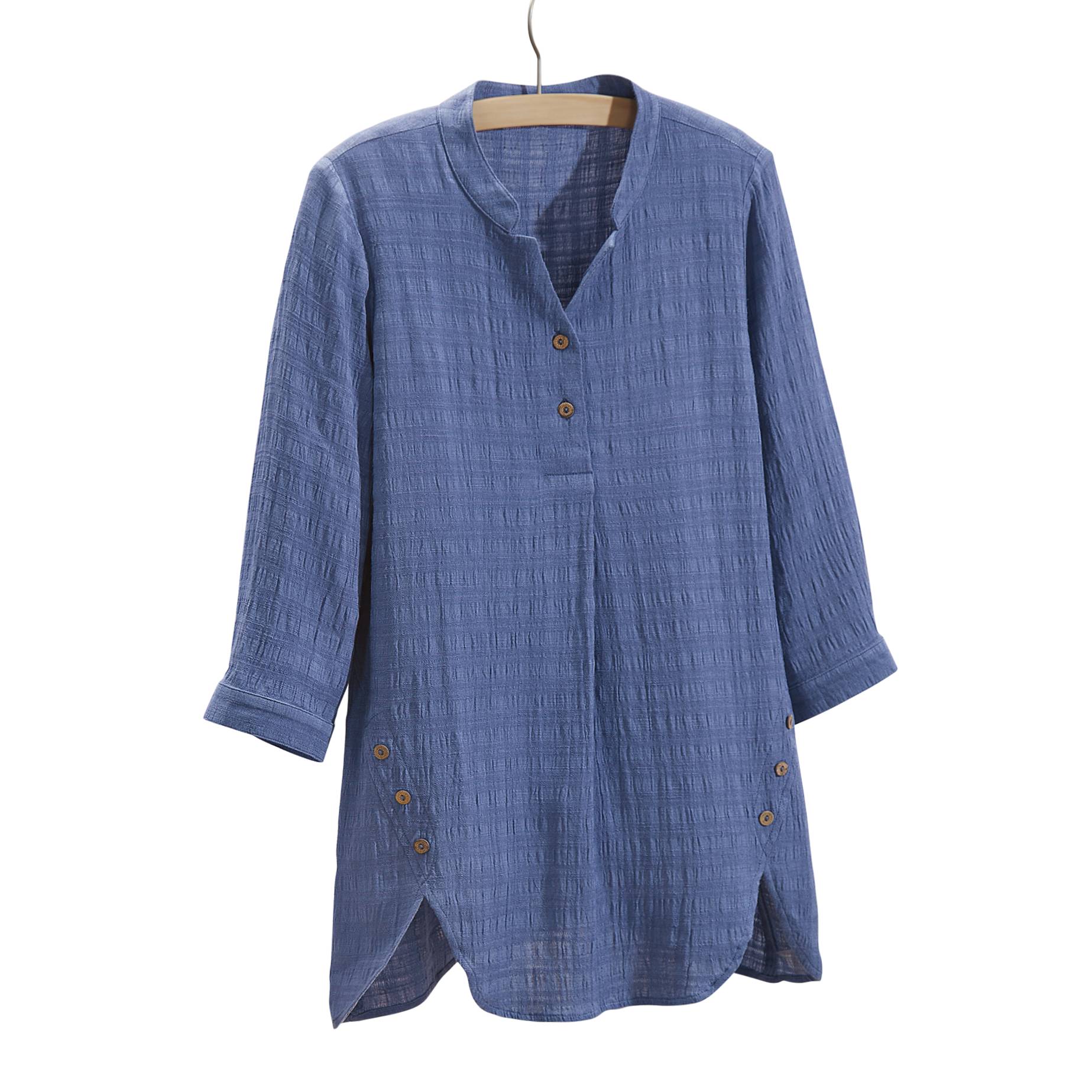 Button Accent Textured Tunic, Front Pleat, Button Accent, 3/4 Sleeve - Northstyle Catalog
