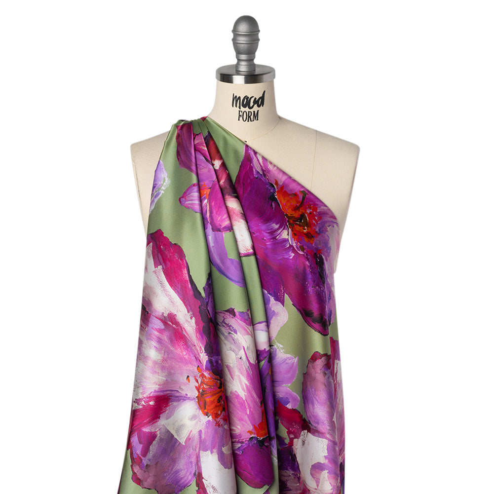 Silk Charmeuse Print 16MM, Made in Italy - Sage Green, Purple and Pink Painterly Flowers - Joann Fabrics