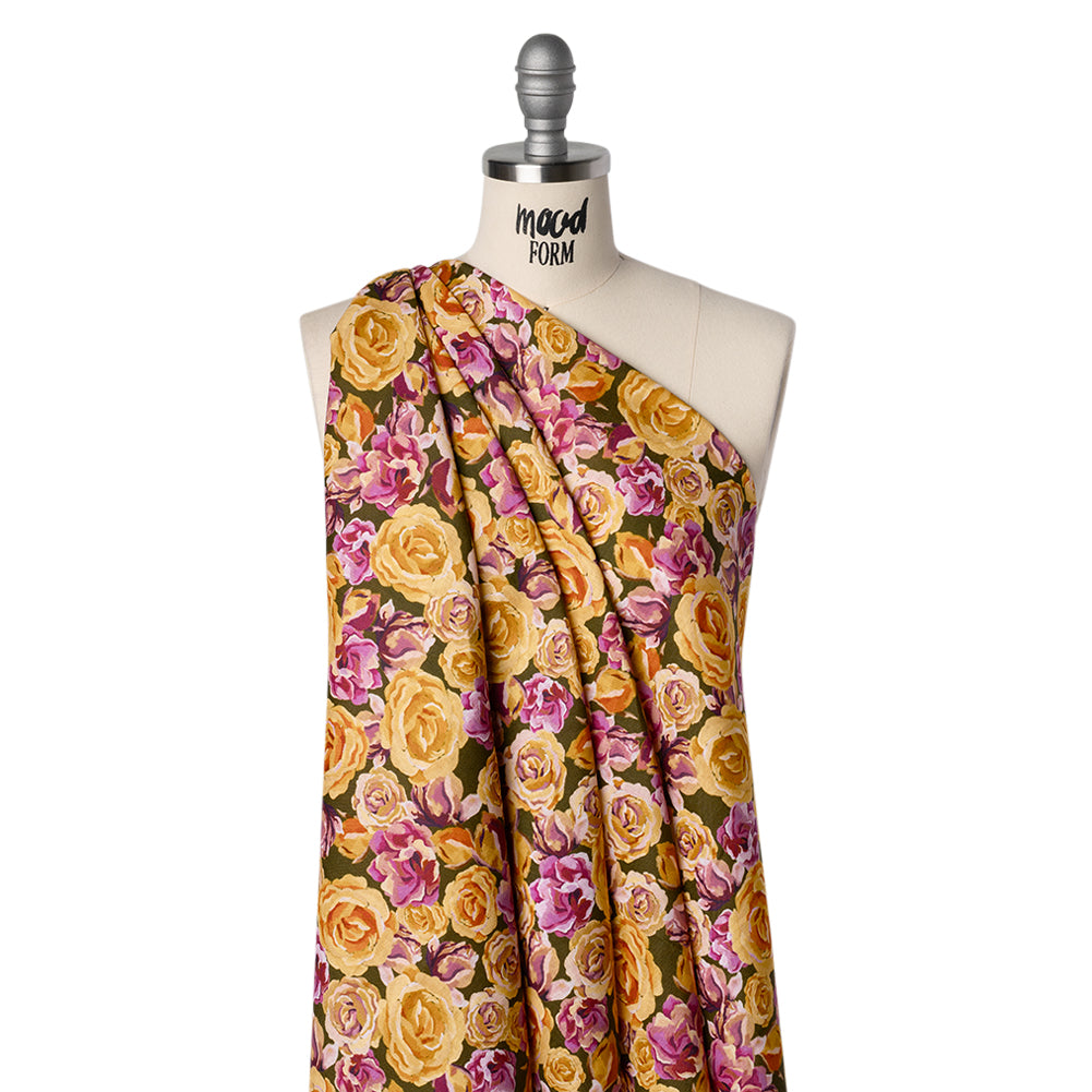 Medium Weight Linen Woven Print - Mustard Yellow, Magenta Pink and Dark Olive Green Roses - Joann Fabrics