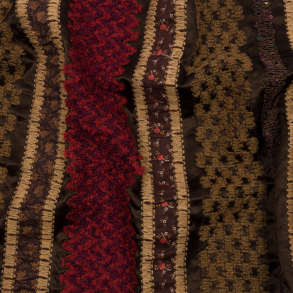 Brown, Beige and Red Wool Boucle Embroidered Polyester Satin with Sequins and Floral Applique Stripes - Joann Fabrics