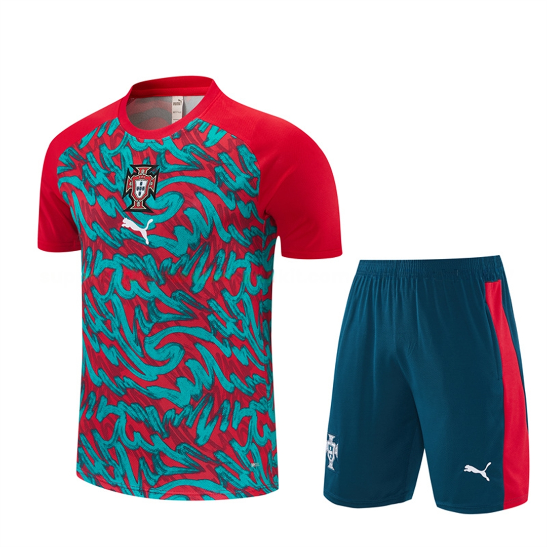 Portugal 2026 Short-Sleeve Training Set - Red And Turquoise With A Swirling Pattern Top & Pants - UnitedFutballJersey