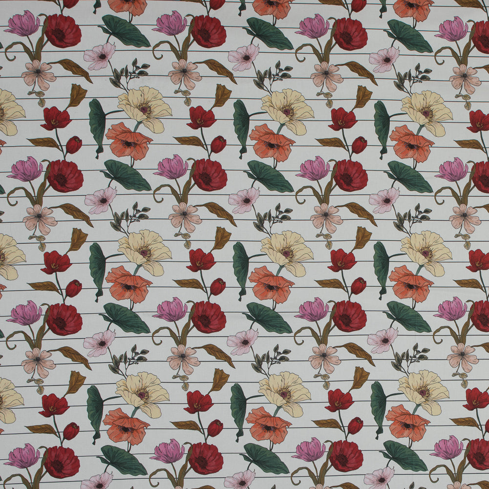 Stretch Cotton Sateen - Red and Yellow Flowers on Pinstripes - A Morning Hello Print - Mood Exclusive Aloha Collection - Joann Fabrics