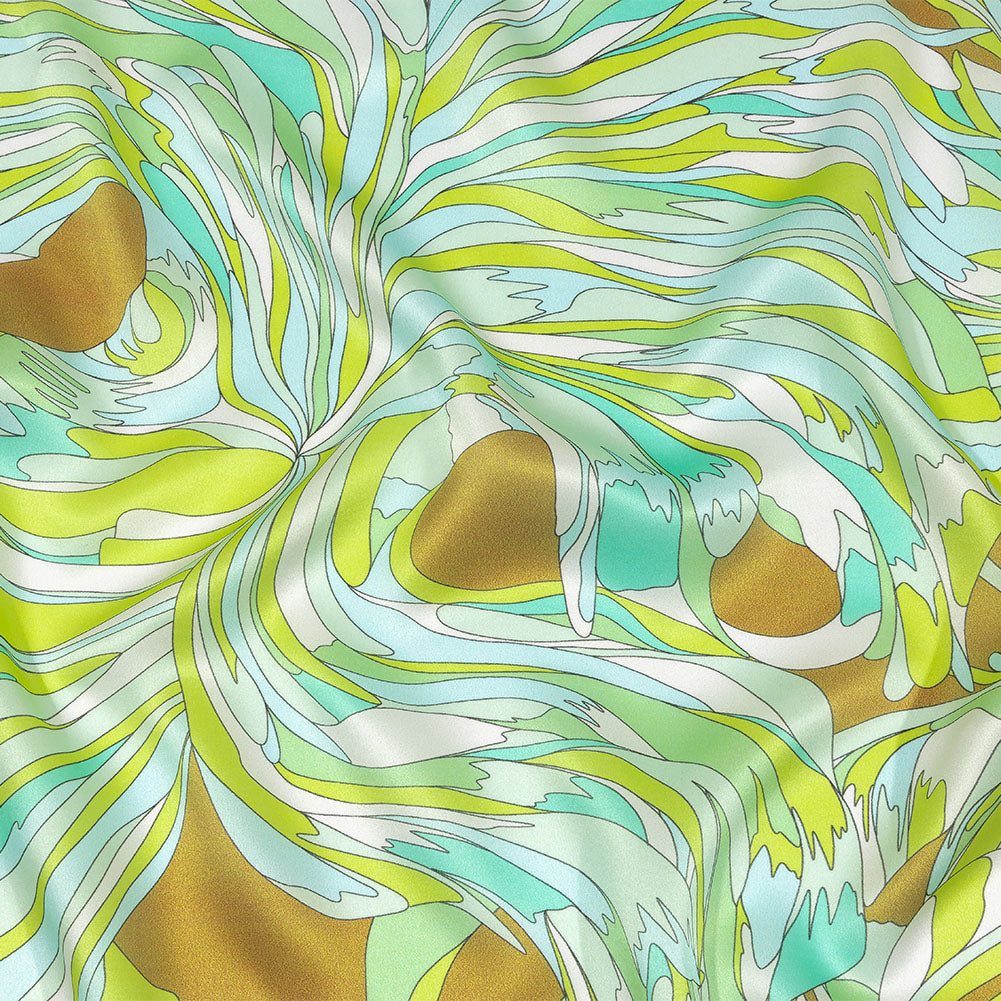 Italian Seafoam, Sky and Brown Feathered Flowers Silk Charmeuse - Joann Fabrics