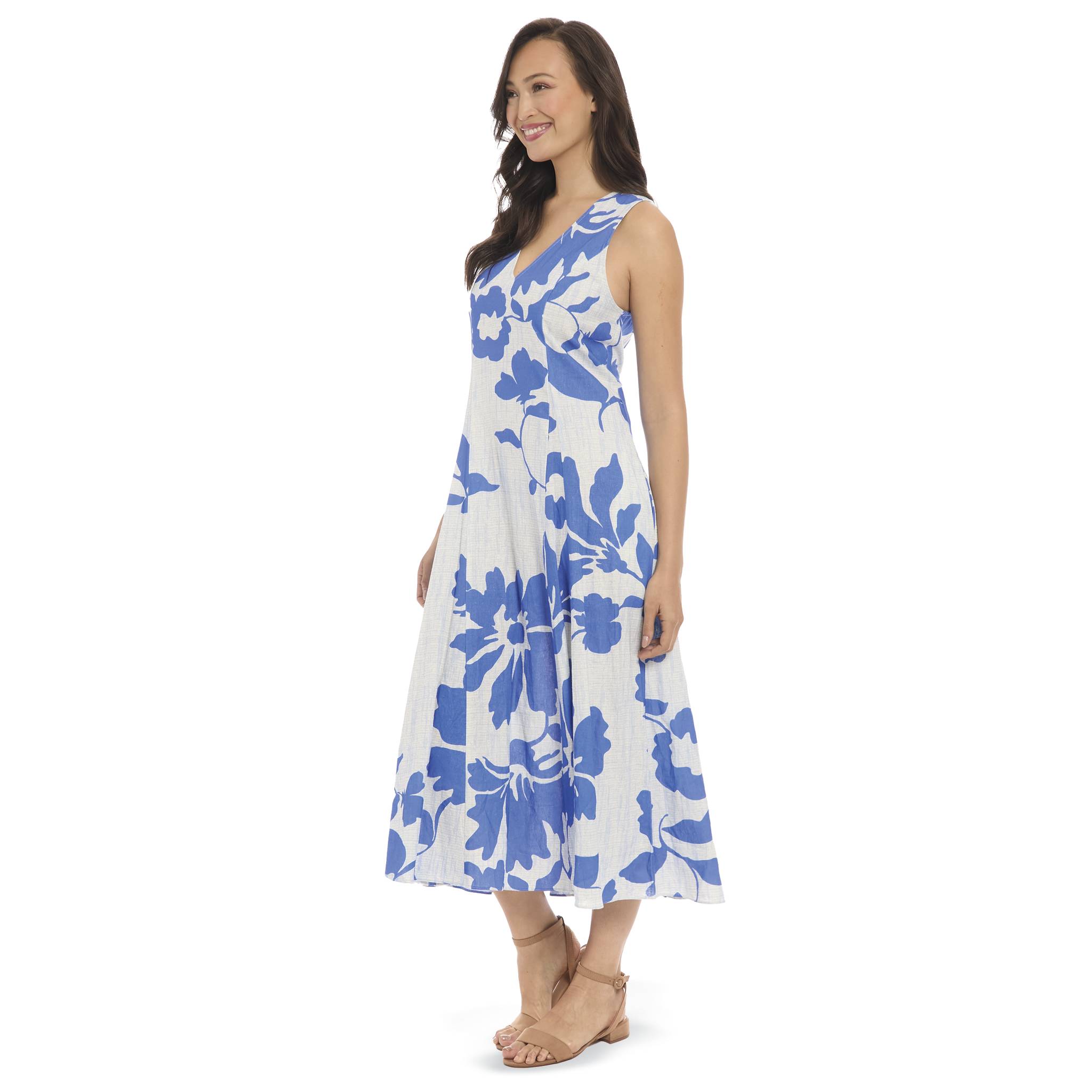 Blue Poppy Maxi Dress, Breezy Linen Blend, Pull On, Lightweight, Pockets - Northstyle Catalog