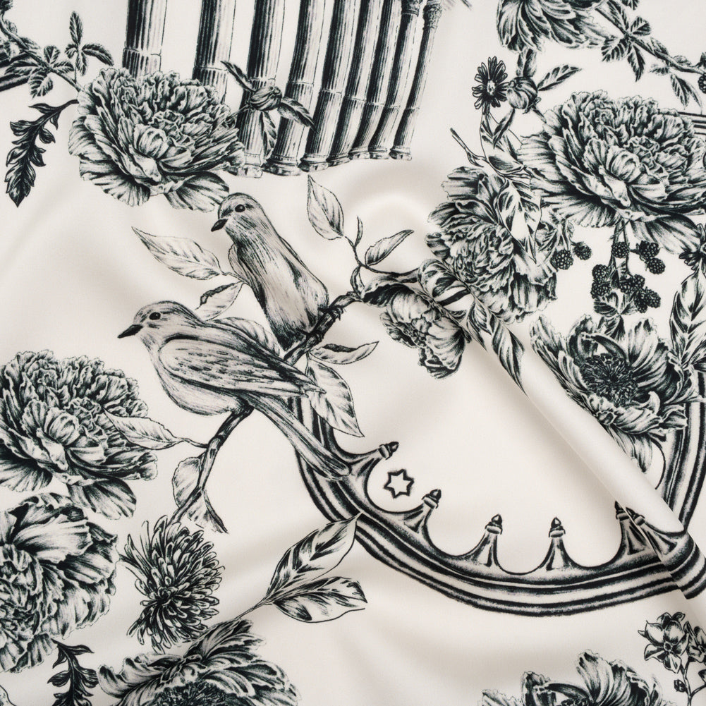 Polyester Satin - Black on White Flowers and Columns - Mood Exclusive Petal Pillars Print - Joann Fabrics