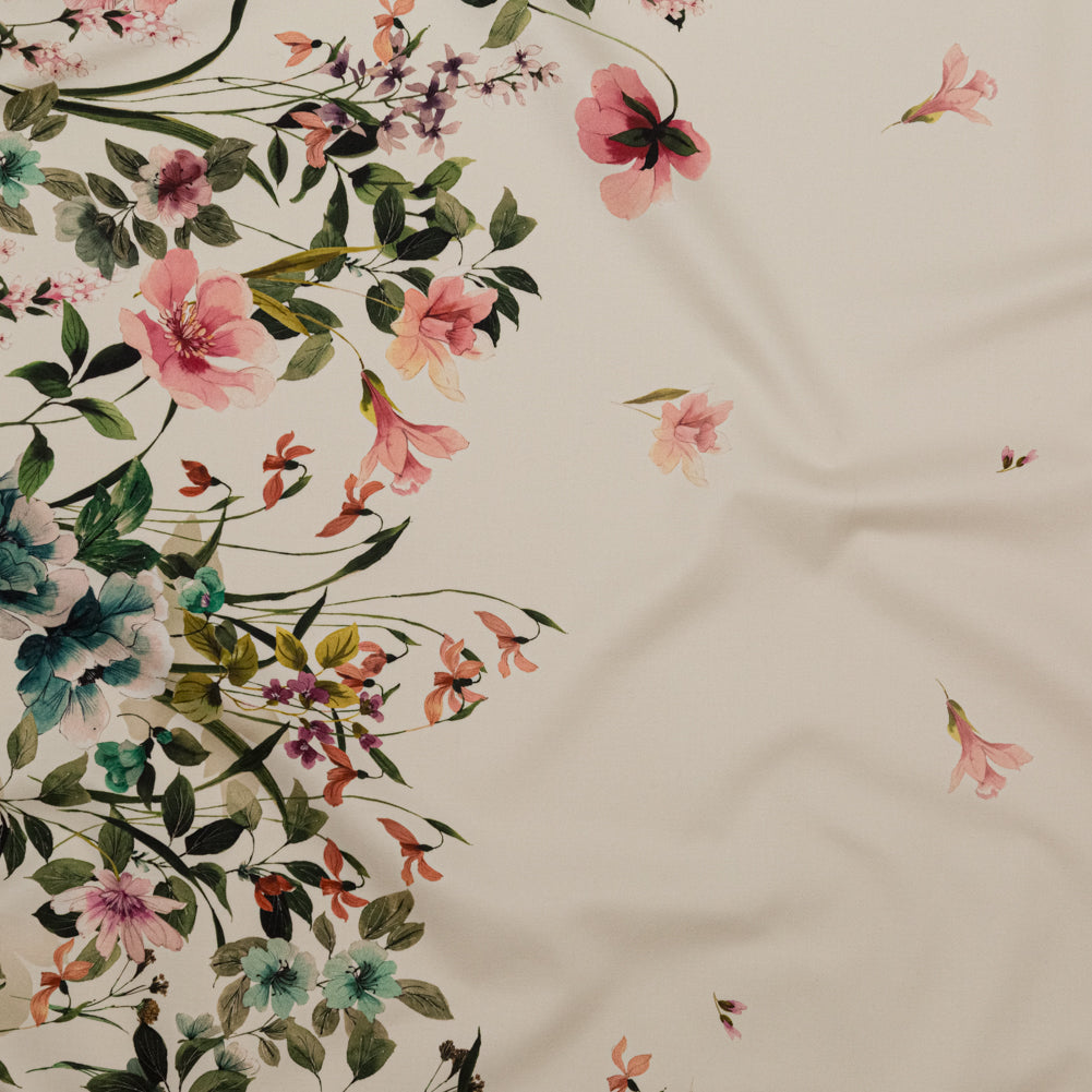 Stretch Cotton Sateen - White and Green Floral Border - Frolicking Florescence Print - Mood Exclusive Serengeti Collection - Joann Fabrics