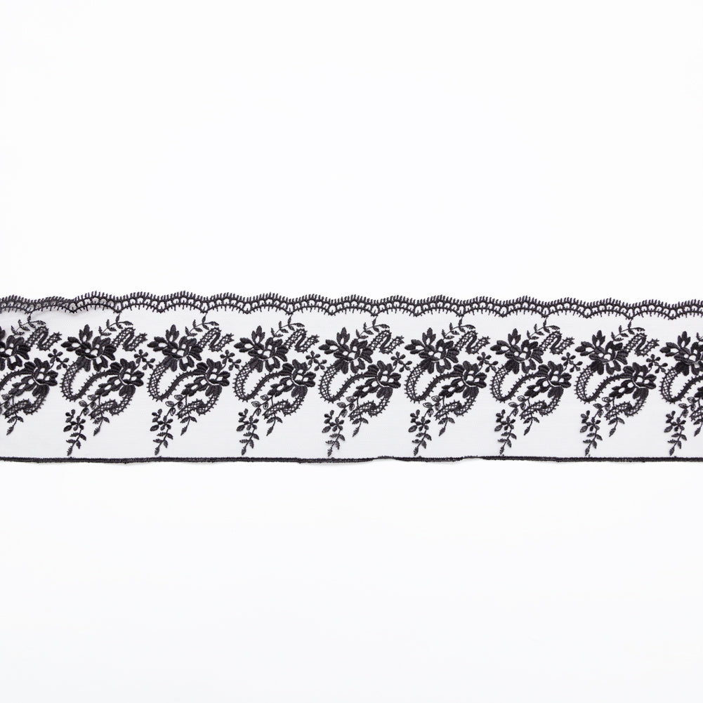 European Black Floral Embroidered Lace on Mesh - 4