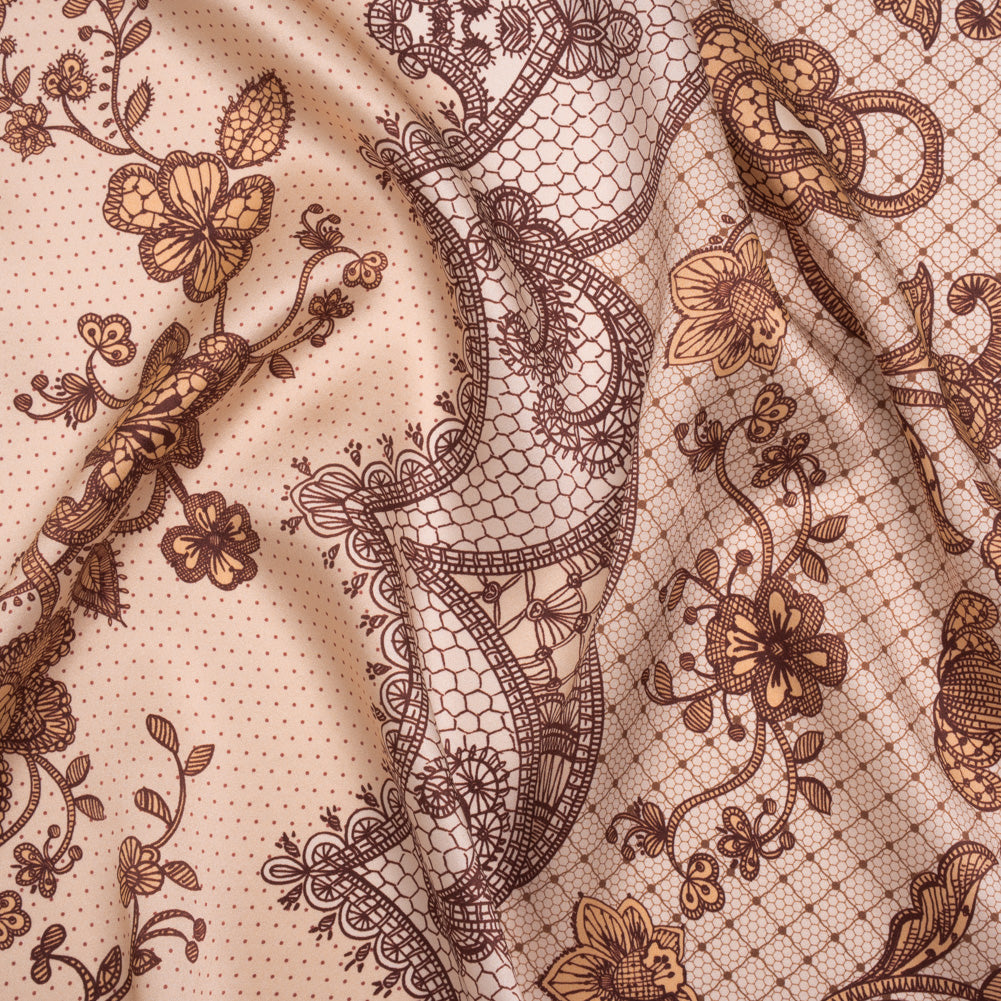 Silk Charmeuse Print 16MM, Made in Italy - Light Peach and Burgundy Lockets and Lace - Joann Fabrics