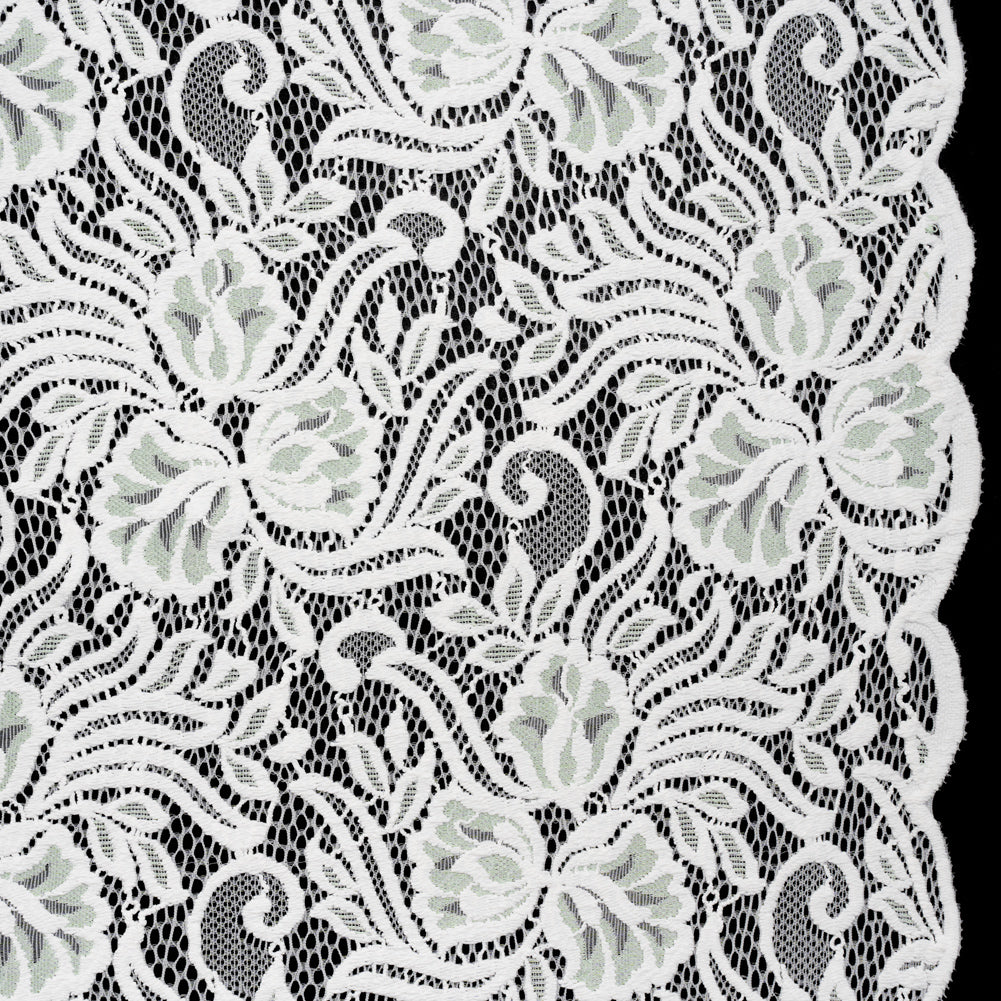 Re-Embroidered Stretch Lace with Finished Edges - Ivory and Dusty Aqua Blossom Trios and Leaves - Tatiana Collection - Joann Fabrics
