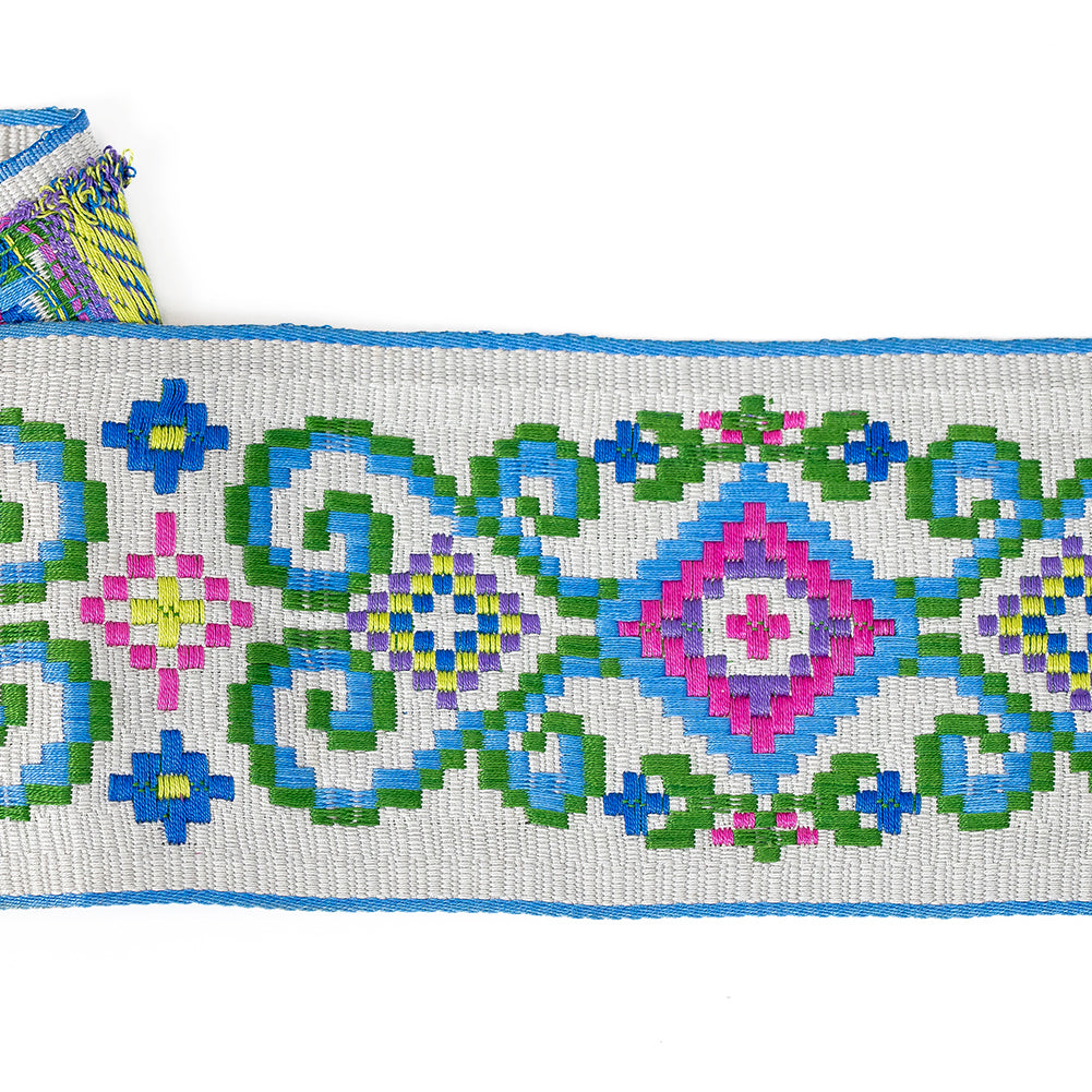 Multicolored and Opal Gray Floral Geometric Embroidered Ribbon - 3.25