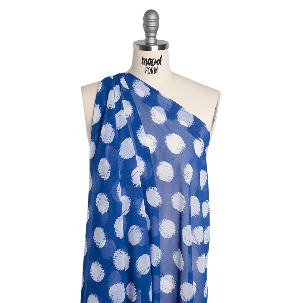 Polyester Chiffon - Cobalt Blue and White Brushed Polka Dots - Designer Deadstock - Joann Fabrics