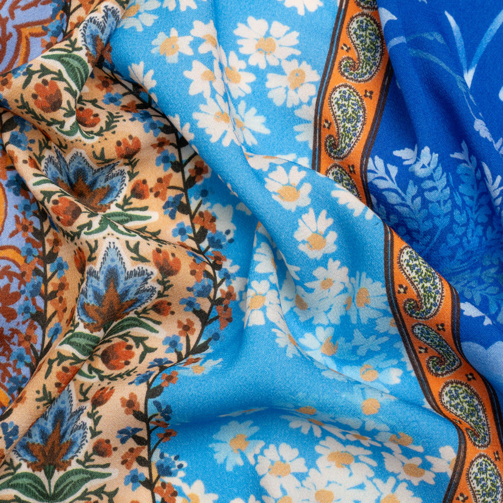 Viscose Crepe Print - Blue and Orange Floral and Paisley Stripes - Mood Exclusive April in Patterns - Joann Fabrics