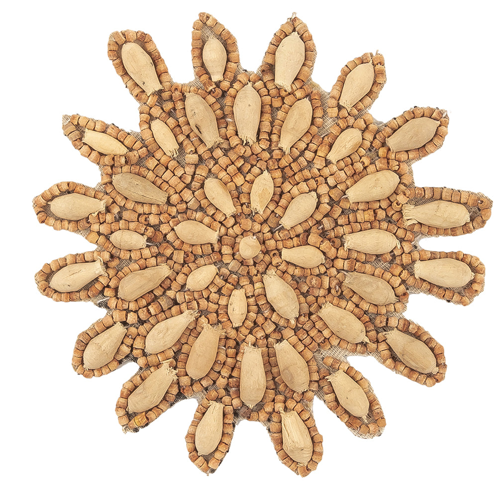 Vintage Natural and Chestnut Wood Beaded Abstract Floral Applique - 3.5