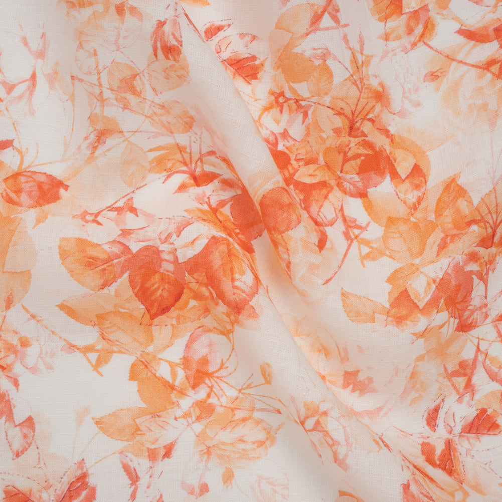 Medium Weight Linen Woven Print - Orange and Red on White Airy Leaves - Joann Fabrics