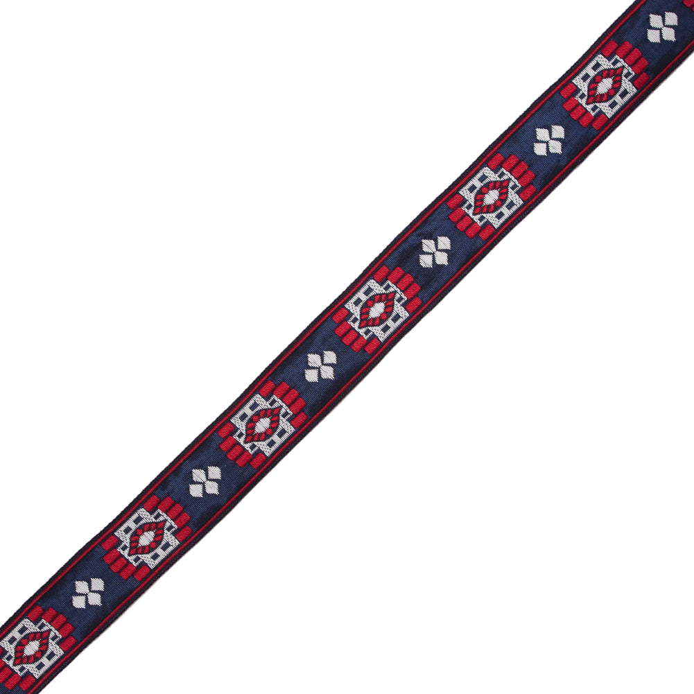 Red, White and Blue Geometric German Jacquard Ribbon - 1