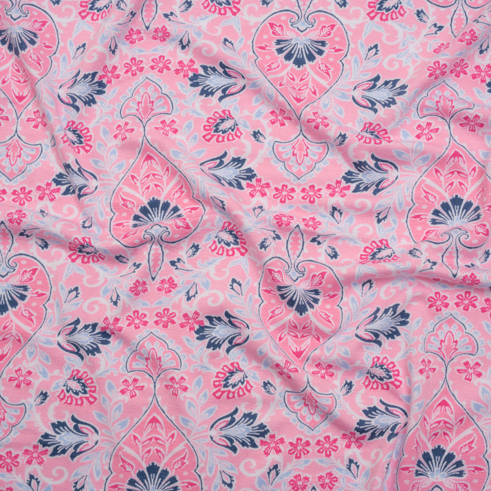 Stretch Rayon Jersey Print - Pink, Sky and Navy Jacobean Floral Damask - Deadstock - Joann Fabrics