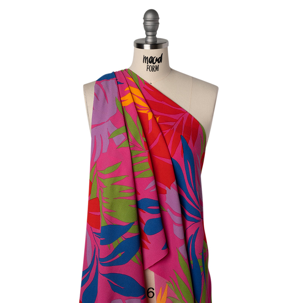 Puckered Lightweight Stretch Polyester Crepe - Hot Pink, Fire Red and Cobalt Blue Palm Leaves - Designer Deadstock - Joann Fabrics
