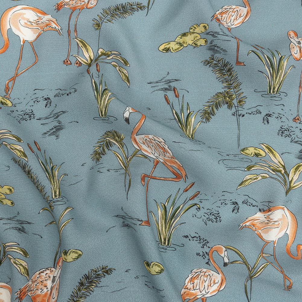 Sustainable Viscose Woven Print - Steel Blue, Pink and Green Flamingoes and Plants - Mood Exclusive Flamingo Festivities - Joann Fabrics