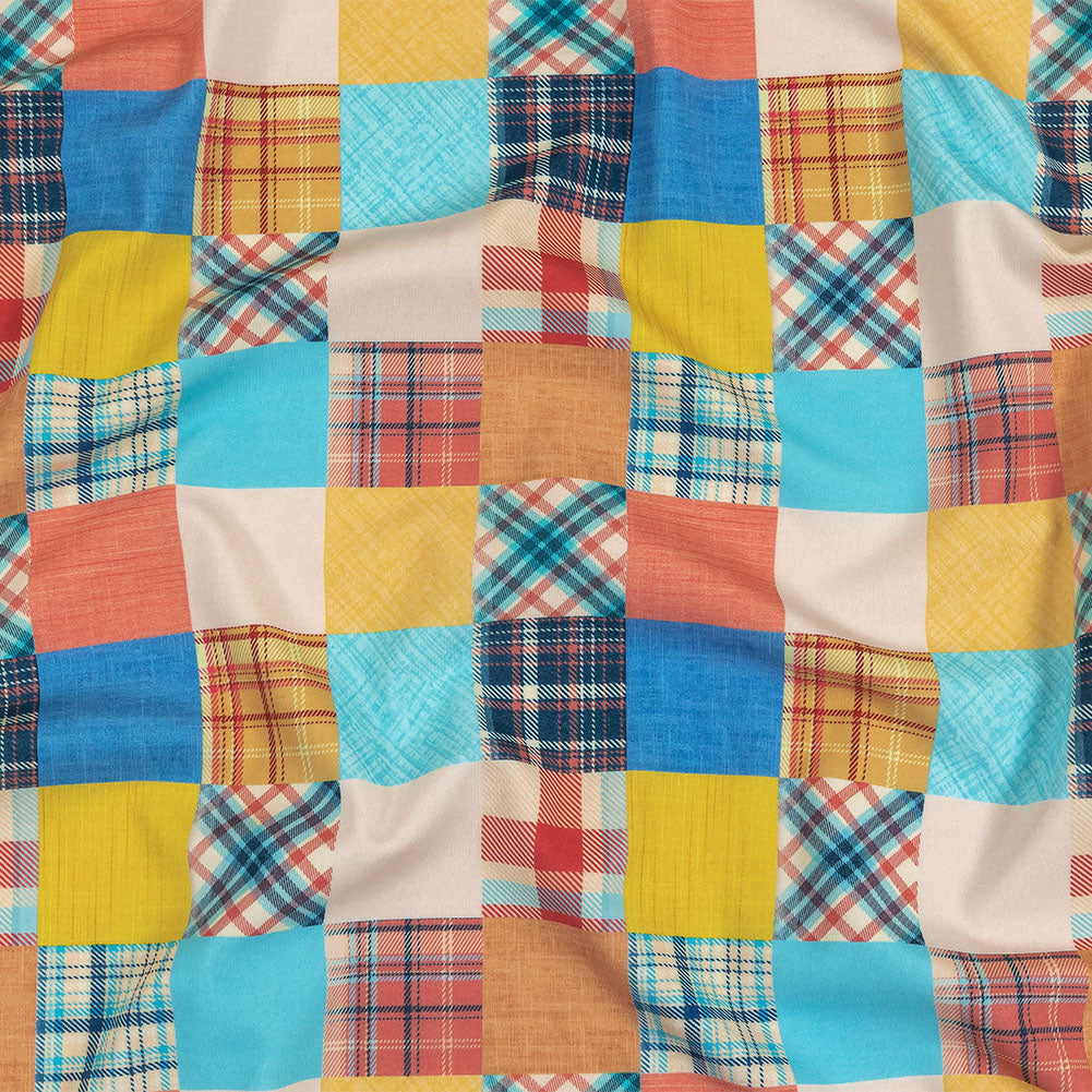 Compression Swimwear Tricot, UV Protective with Aloe Vera Microcapsules - Yellow, Orange and Blue Madras - Caye Collection - Joann Fabrics