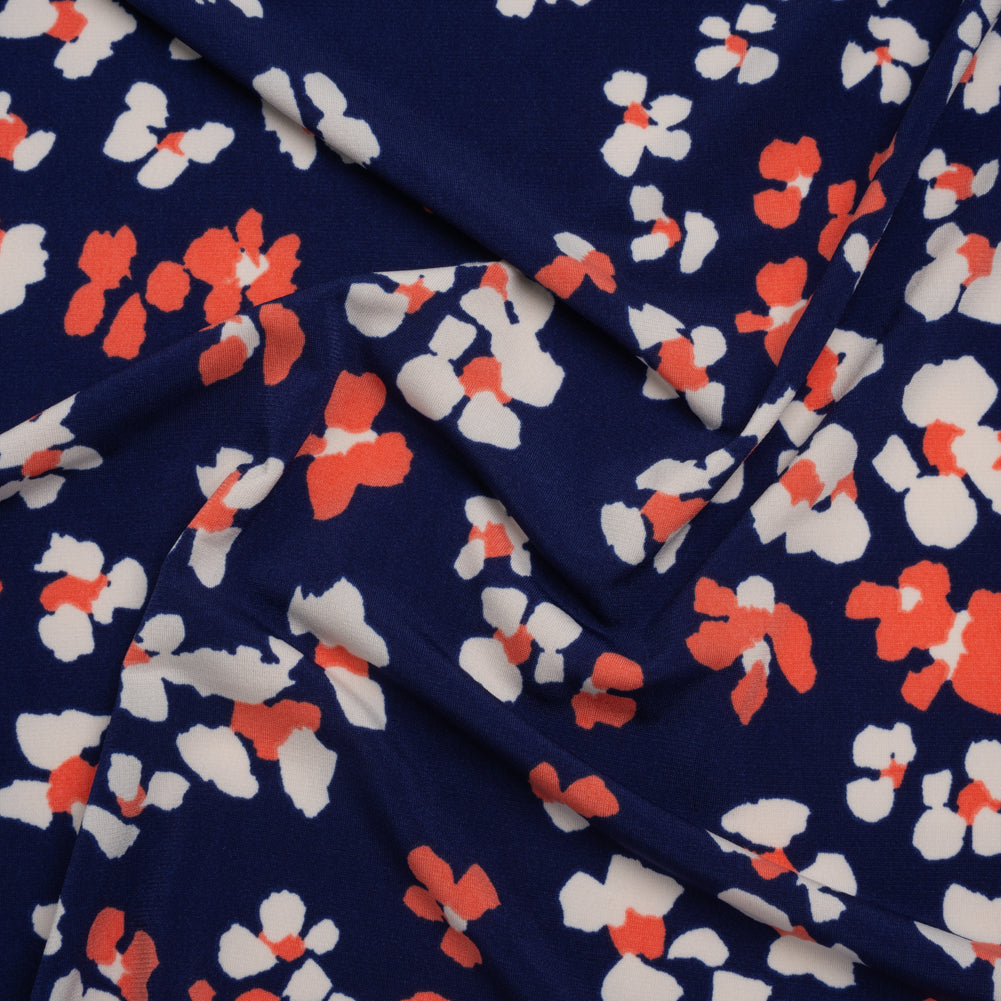 Stretch Polyester Tricot Print - Bright Navy, Hot Coral and Cream Flower Spots - Designer Deadstock - Joann Fabrics