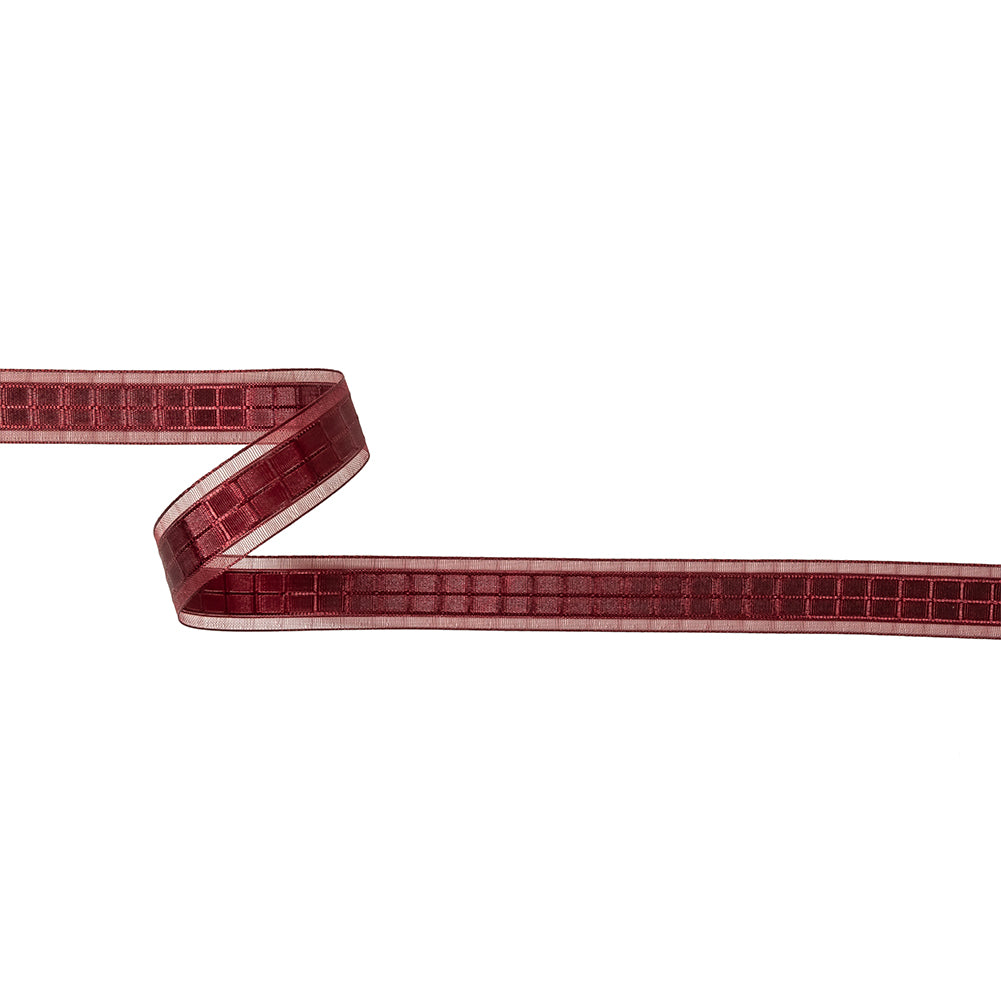 Wine Red Windowpane Checks and Sheer Borders Woven Ribbon - 0.625