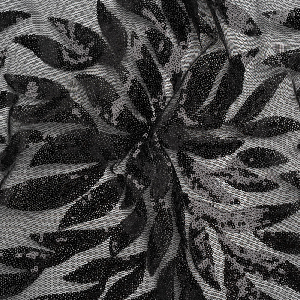 Sequined Polyester Tulle - Black Leaves - Designer Deadstock - Joann Fabrics