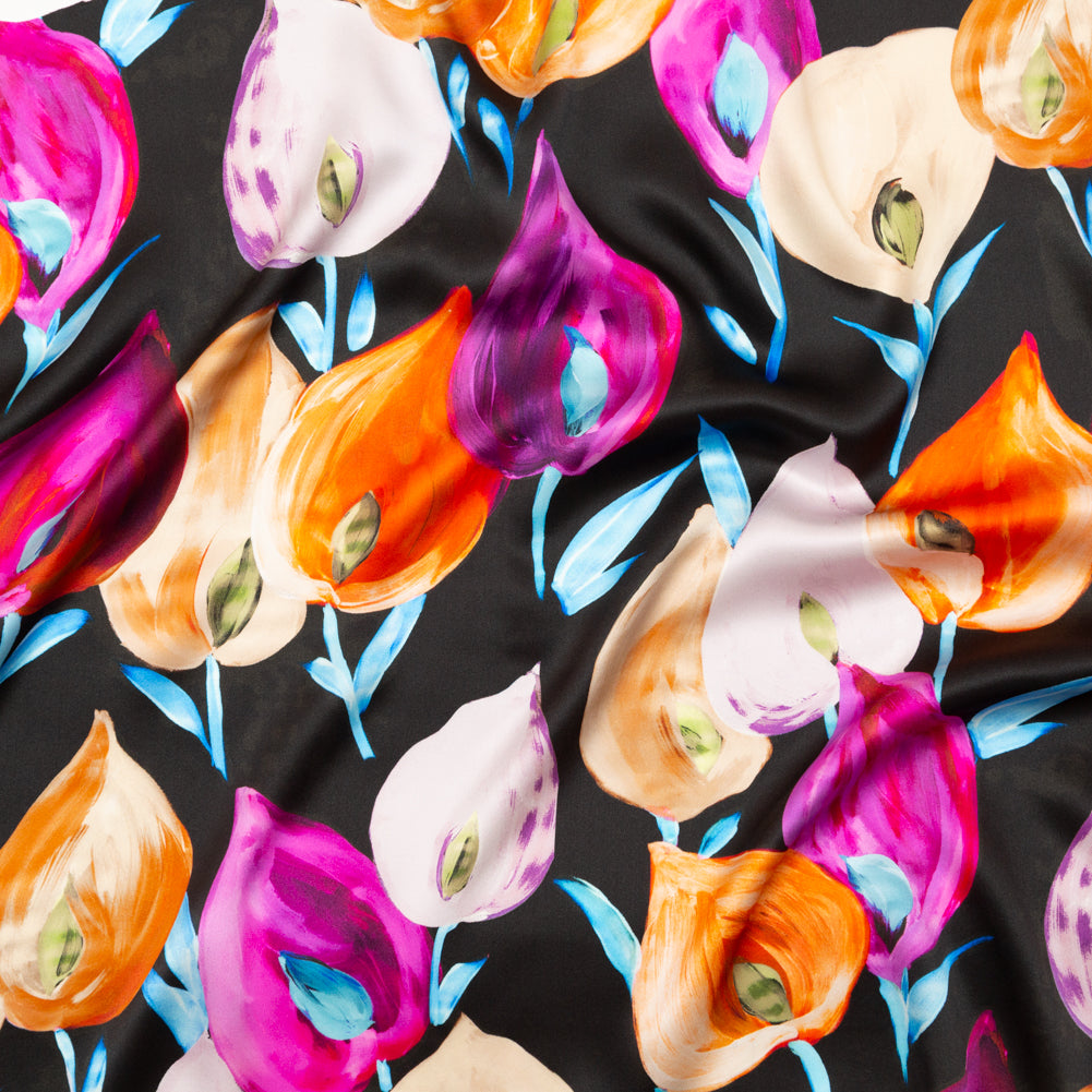 Mood Exclusive Italian Black, Pink and Orange Floral Digitally Printed Silk Charmeuse - Joann Fabrics