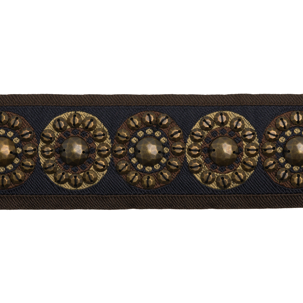 Yaya Han Beaded Jacquard Ribbon Trim - Nairobi Black, Brown and Antique Gold Circles, 1.875
