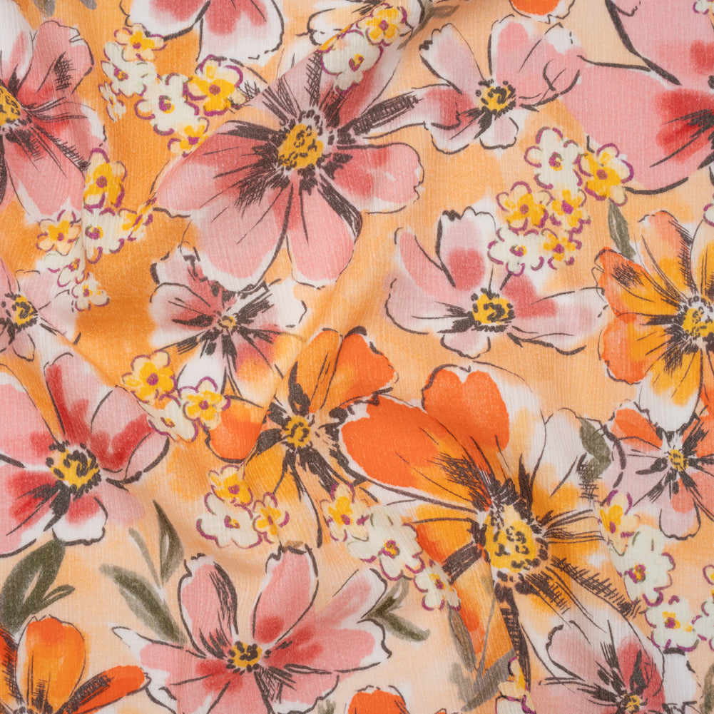 Slubbed Gauzy Cotton Woven - Light Pink, Creamsicle and Sun Yellow Floral - Mood Exclusive Hibiscus Heatwave Print - Joann Fabrics
