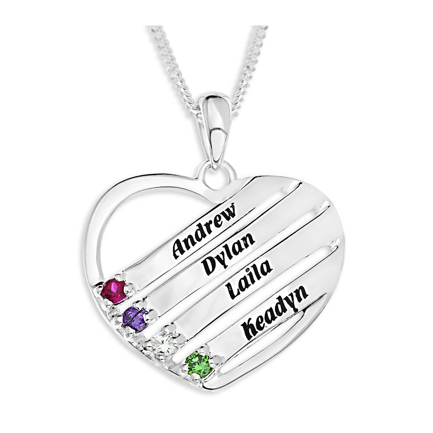 Personalized Family Crystal Birthstone & Sterling Heart Pendant, 18