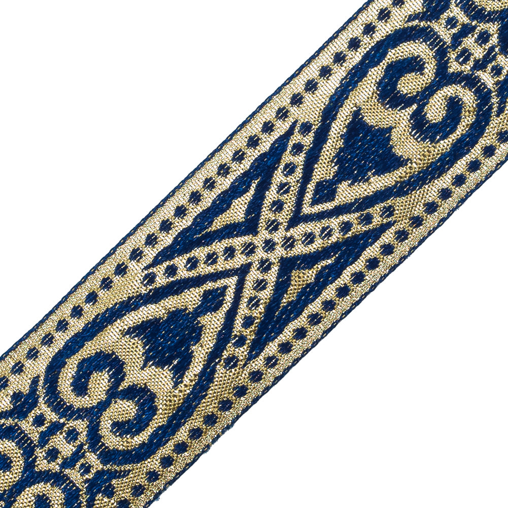 Blue and Metallic Gold Heart Jacquard Ribbon - 1.5