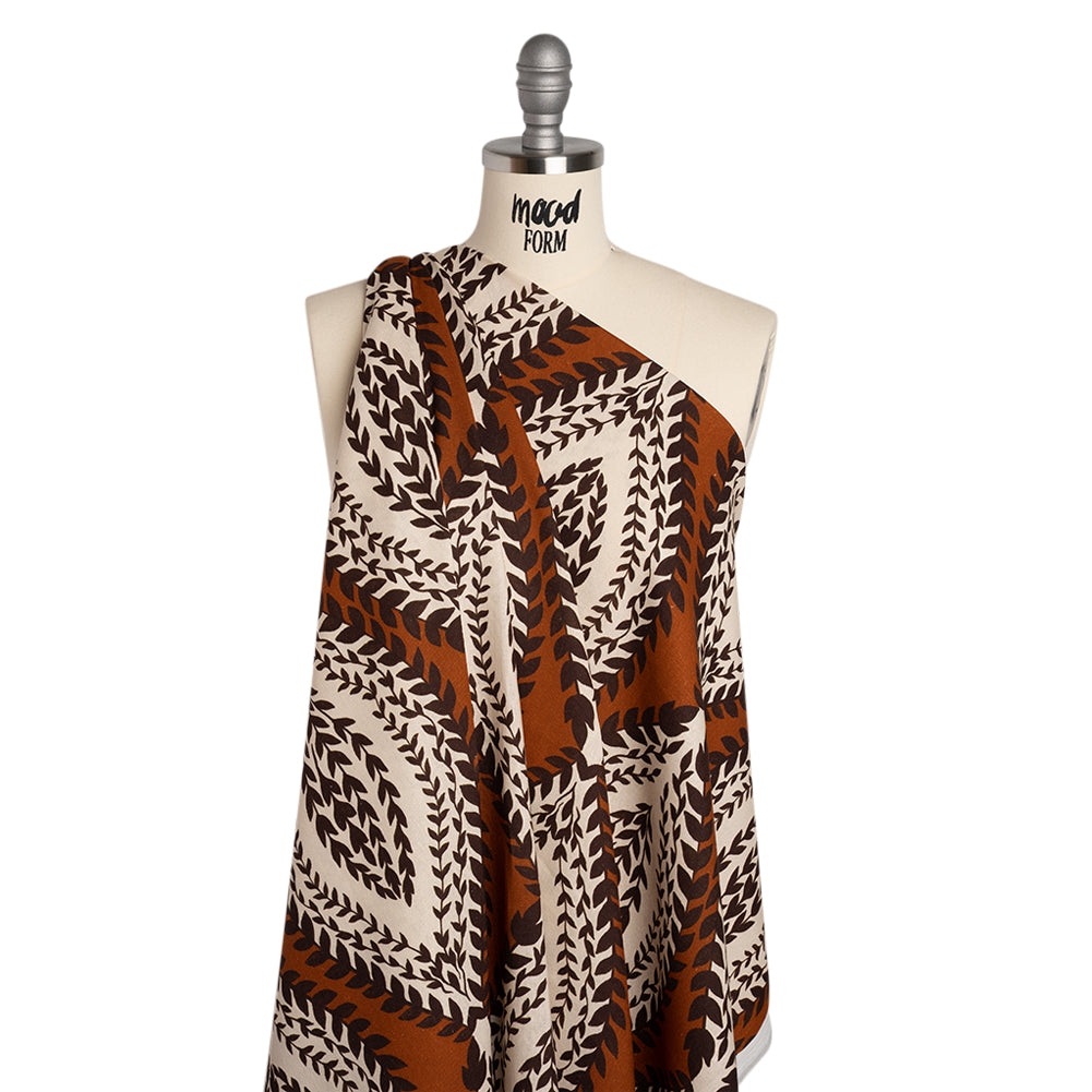 Linen and Rayon Woven - Burnt Orange, Brown and Cream Leafy Ogees - Mood Exclusive Lazy River Print - Joann Fabrics