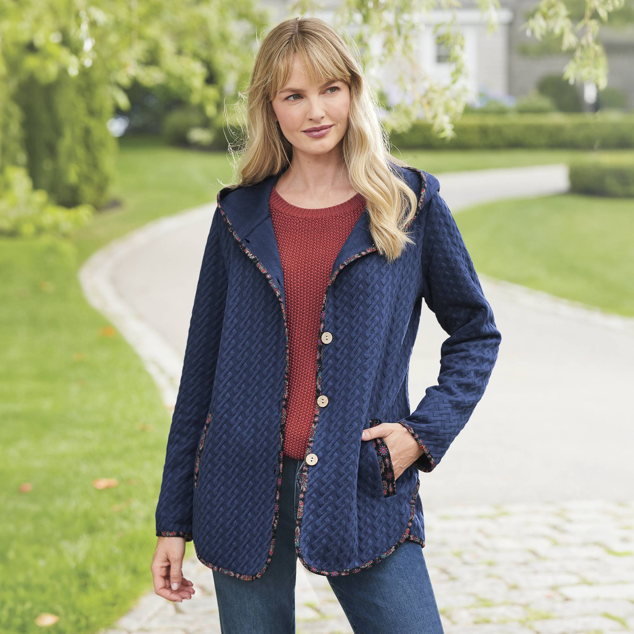 Print-Trim Quilted Jacket, Hood, Button Front Pockets & Tulip Hem - Northstyle Catalog