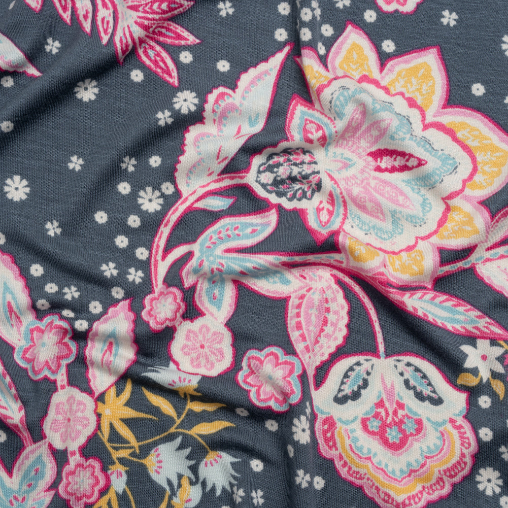 Stretch Rayon Jersey - Blue Gray, Pink and Yellow Floral - Deadstock - Joann Fabrics