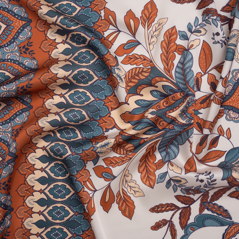 Polyester Charmeuse Print - Steel Blue, Burnt Orange and Cream Floral with Borders - Designer Deadstock - Joann Fabrics
