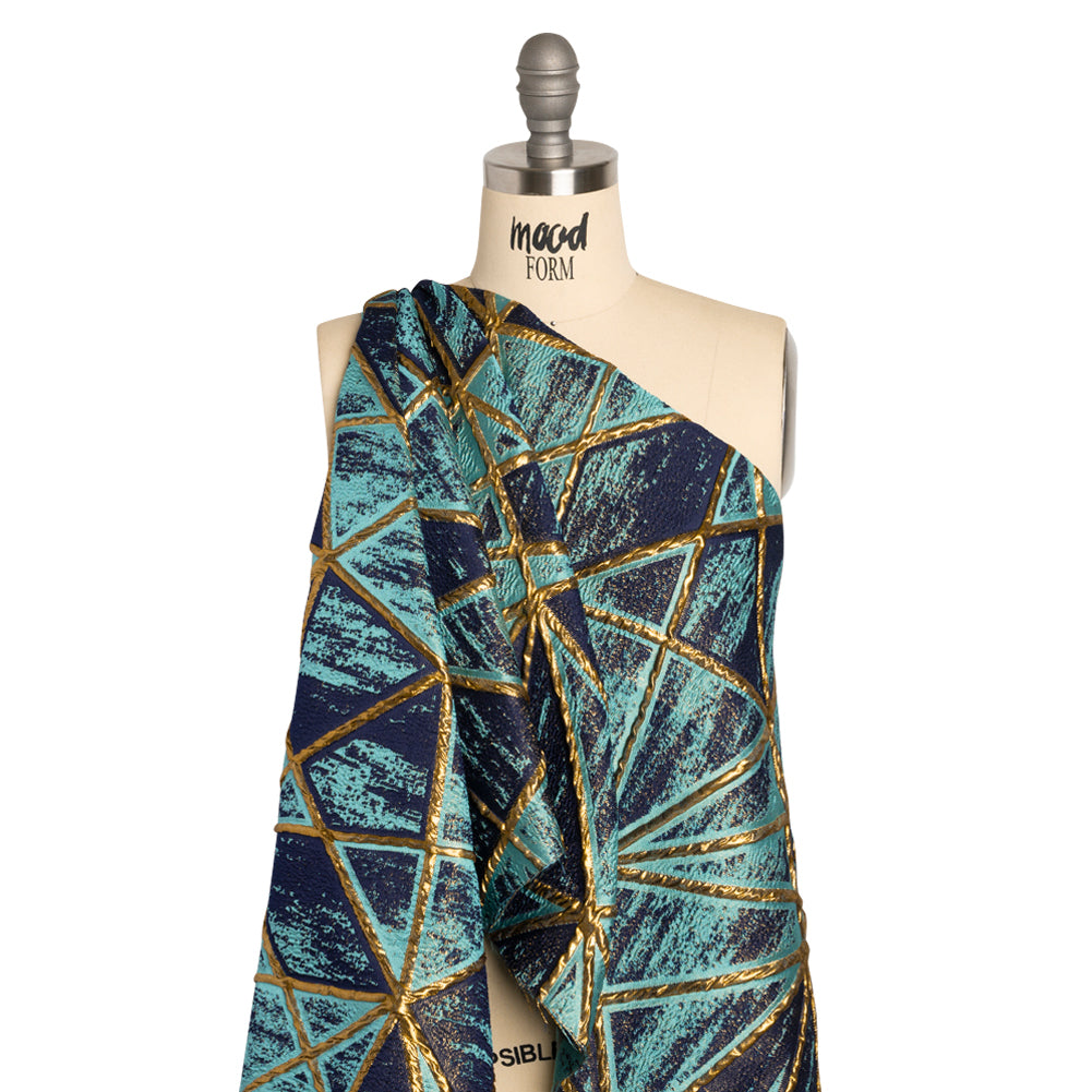 Metallic Gold, Turquoise and Navy Geometric Distress Luxury Brocade - Joann Fabrics