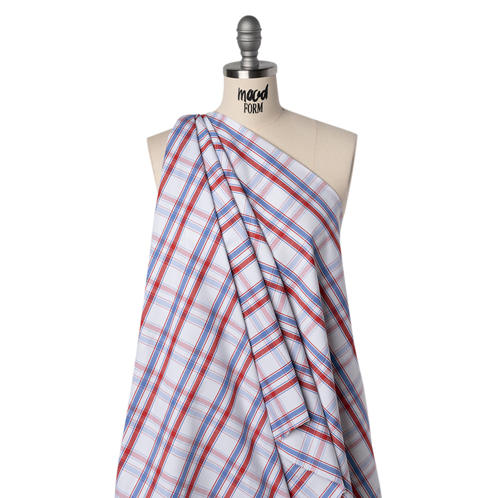 Cotton Oxford Shirting - Light Blue, Red and White Plaid - Deadstock - Joann Fabrics