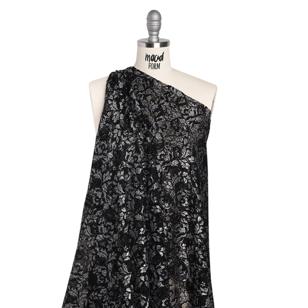 Stretch Raschel Lace with Finished Scalloped Edges - Metallic Silver and Black Flowers, Leaves and Swirls - Crina Collection - Joann Fabrics