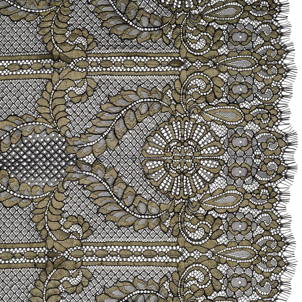 Metallic Re-Embroidered Raschel Lace - Black and Gold Stripes and Diamond Lattice with Floral Border - Joann Fabrics