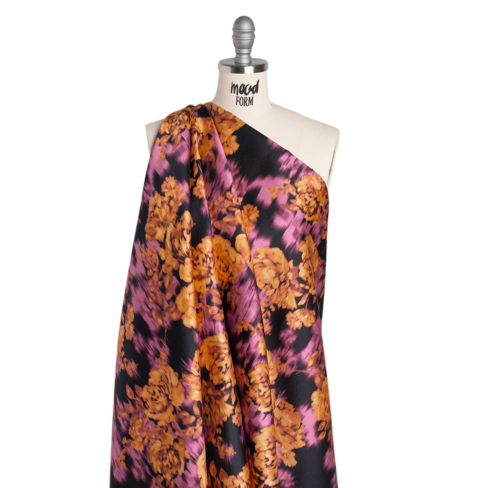 Polyester Mikado - Orange, Pink and Black Ikat Roses - Mood Exclusive Echoed Illusions Print - Joann Fabrics
