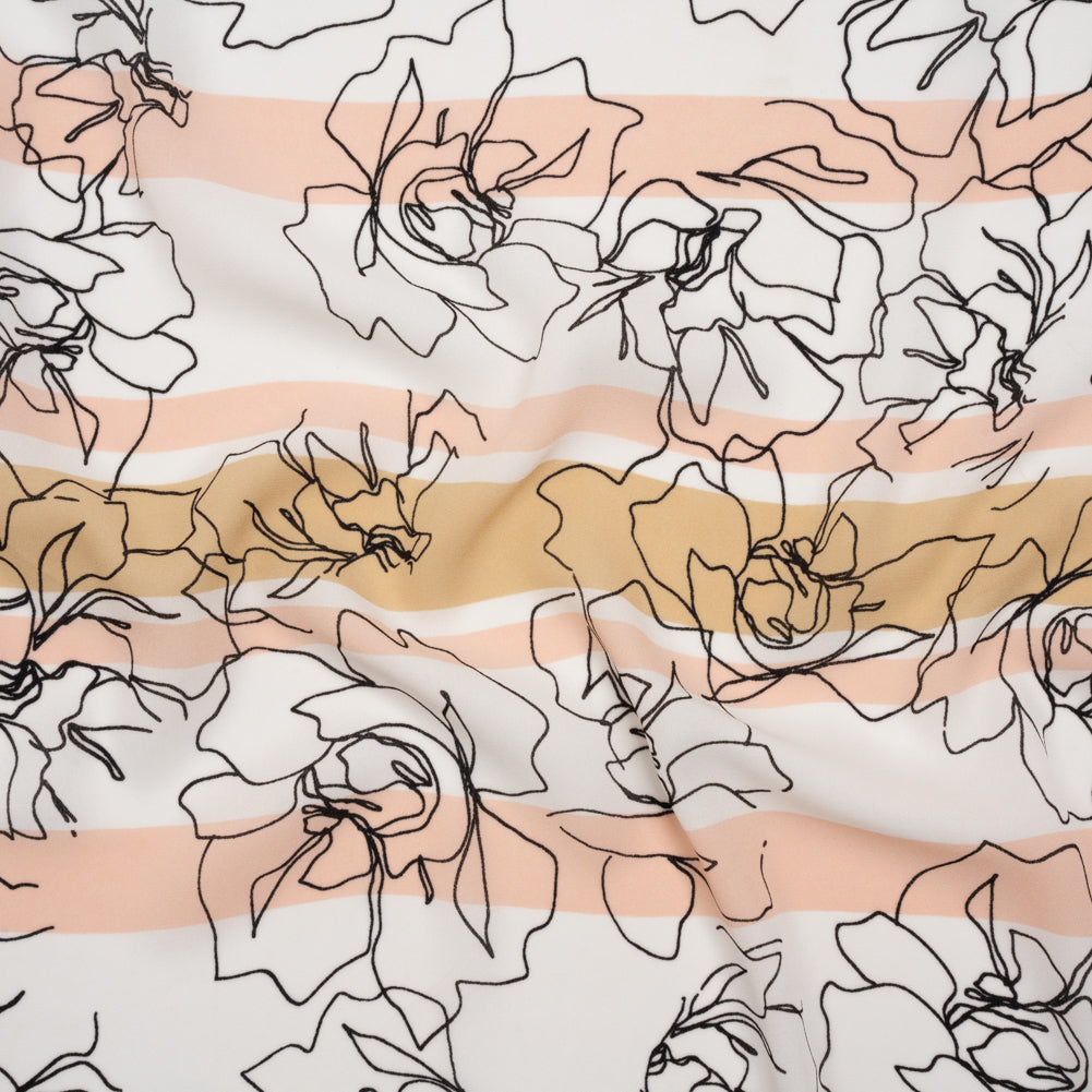 Polyester Georgette - White, Pale Pink and Beige Stripes and Floral Outlines - Designer Deadstock - Joann Fabrics