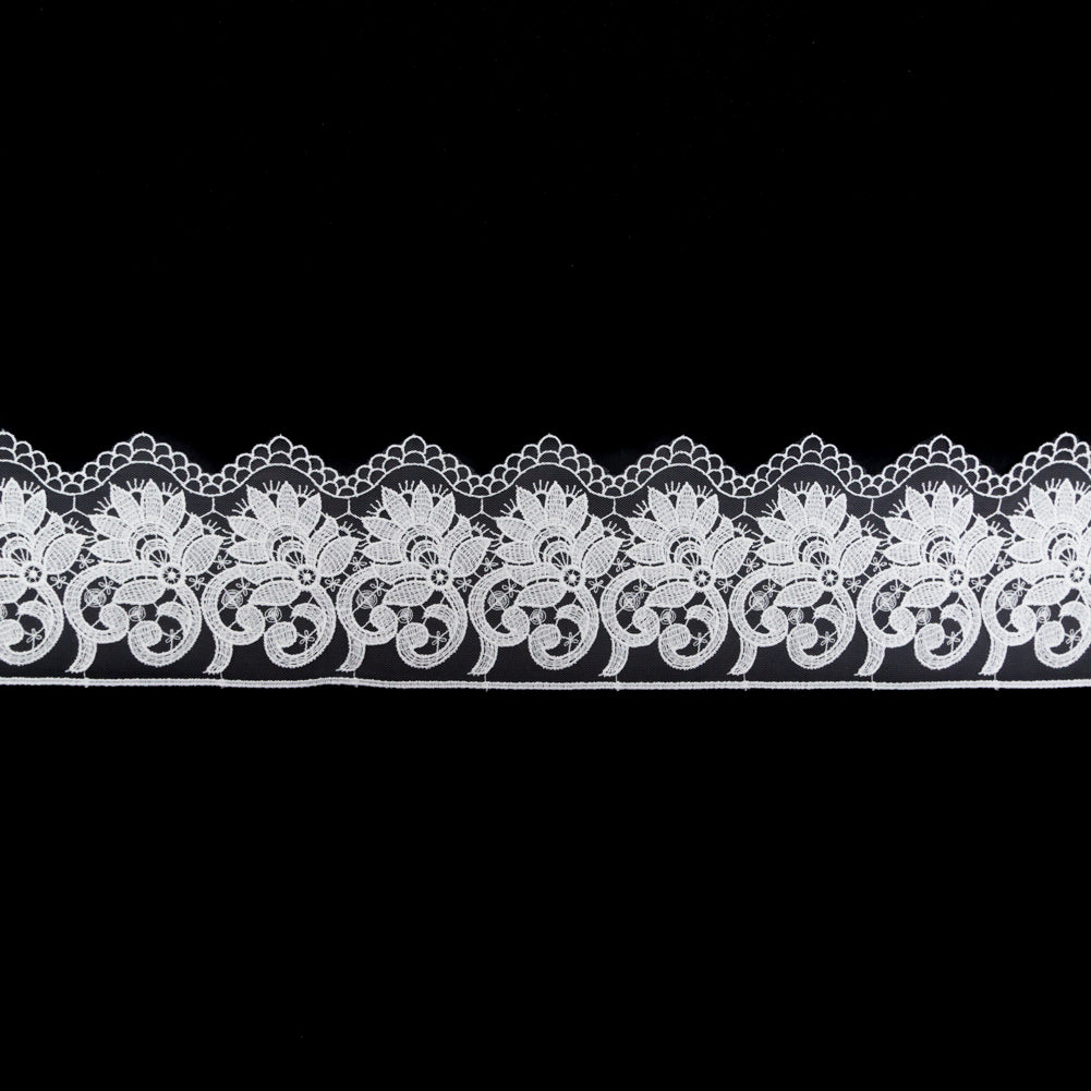 European White Floral Embroidered Lace on Mesh - 3.875