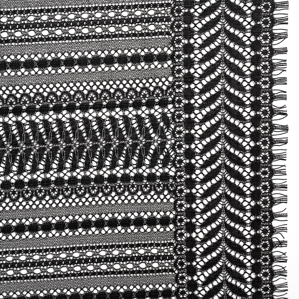 Luminous Corded Lace Panel with Finished Fringed Edges - Black and White Dot and Leaf Stripes - Joann Fabrics