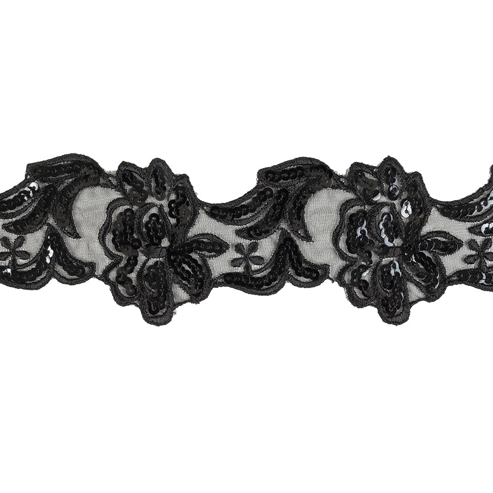 Black Floral Sequined and Embroidered Mesh Trim - 3