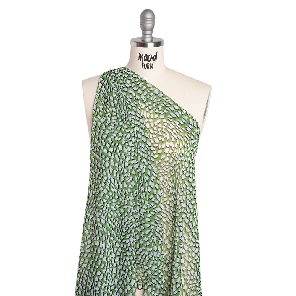 Polyester Chiffon - Grass Green, White and Black Abstract - Designer Deadstock - Joann Fabrics